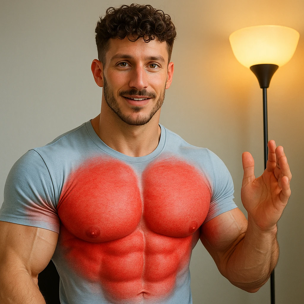 Create a realistic man with a face inspired by the provided photo, but with a muscular body: well-developed and prominent chest and biceps, with red color around the chest and biceps to highlight them. The face should resemble the photo, while the body should be athletic and defined. The style should be realistic with a positive and motivational atmosphere. emoji