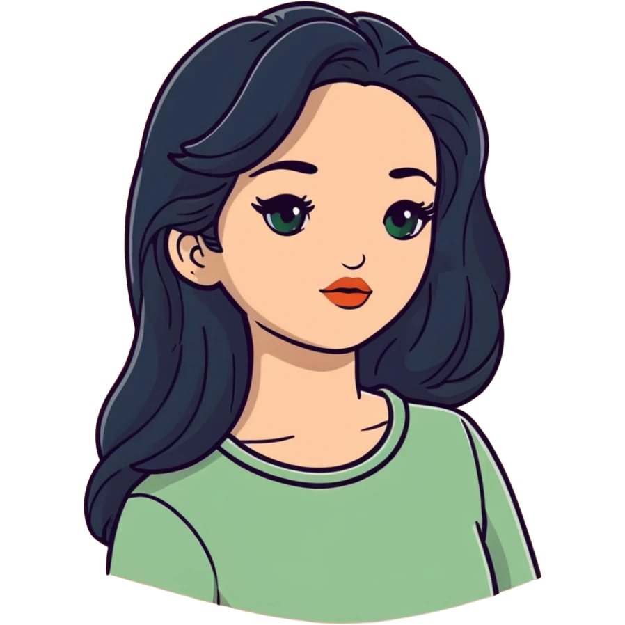 european girl with long black hair, long eyelashes, terracotta lips, light green top emoji