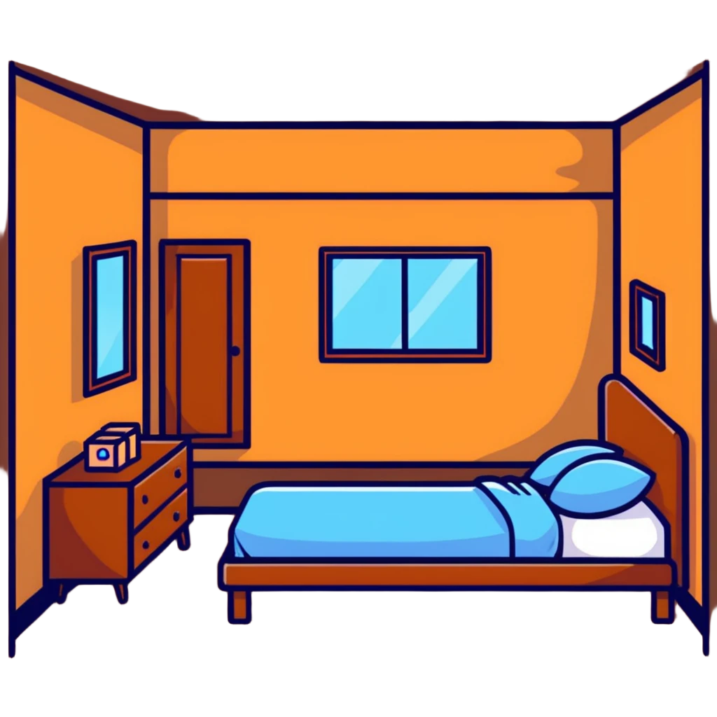cute bedroom with cream colored walls, wooden bed frame, wooden shelves, fluffy rug, plants emoji