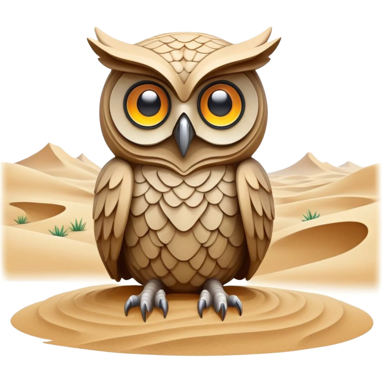A guardian made of interlocking dunes that forms temporary bodies from compressed sand, adorned with gemstone eyes that change color to warn of approaching sandstorms or oasis locations. owl body emoji