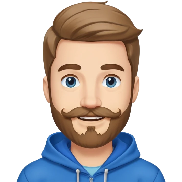Mr. Beast wearing a blue hoodie, mustache and beard, big friendly smile emoji