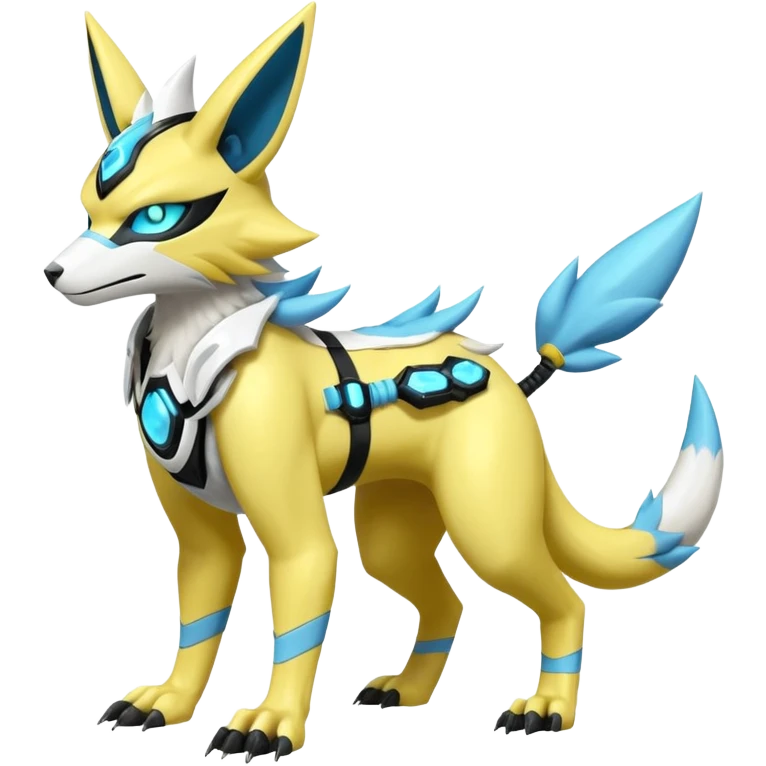 Shiny cyan yellow white electric complex futuristic white-cyber-masked Zeraora-Renamon-Electrike-Umbreon-Lombax-Weregarurumon-fusion-creature (full body emoji