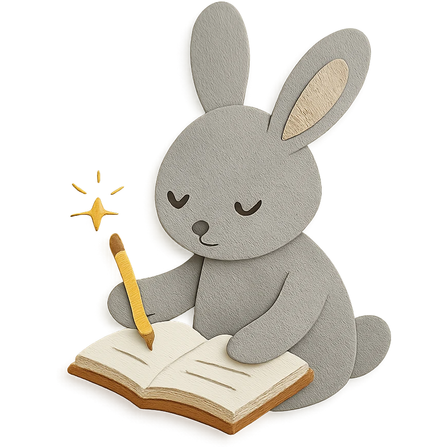 highly detailed, high quality paper craft style illustration of a gray bunny writing in a notebook with a spark of light, intricate textures, soft lighting, delicate cut-paper details emoji