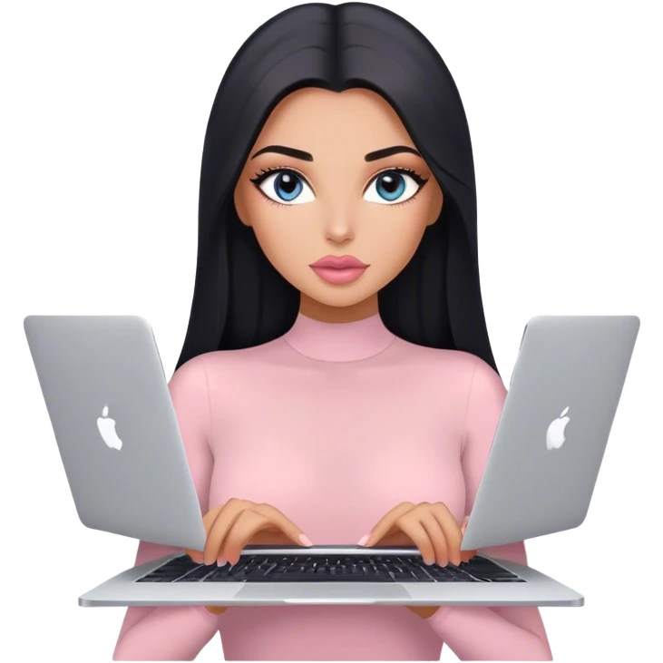 Glamours, tanned, very beautiful girl, with big pump peach-beige-rose lips, long lashes, black straight smooth silky long hair, straight parting hair, blue-grey eyes, in light-pink bodysuit holding MacBook emoji