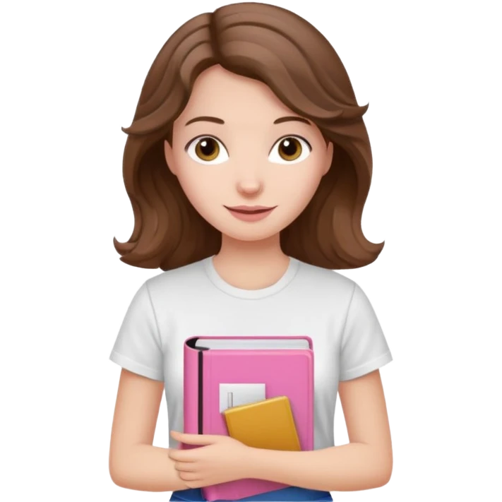 pale woman with wavy brown hair, white t-shirt, holding a pink Bible, friendly expression emoji