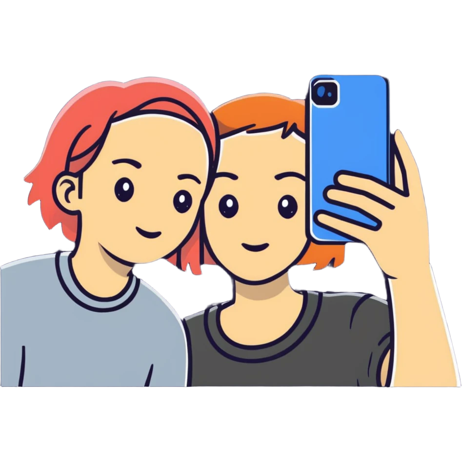 Two best friends taking a selfie together with Instagram frame, holding a phone, Instagram worthy emoji