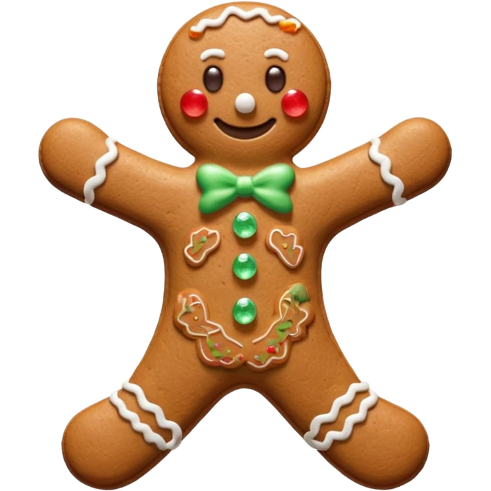 3D render of Gingerbread Man, made entirely of dessert materials, glistening sugar crystal texture, baked brown cookie texture with white icing details, delicious confectionery aesthetic, Apple emoji style, isolated on white background --v 6.0. emoji