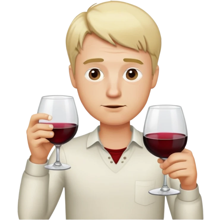 A blonde man with short hair drinking a glass of wine and looking very drunk emoji