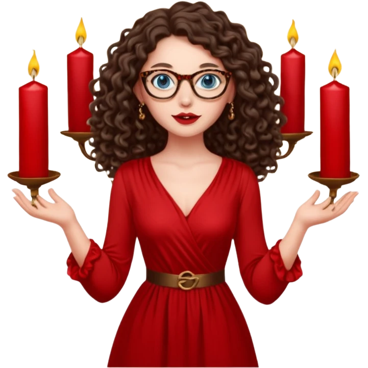 a blue eyed woman with very long brunette curly hair, full lips,and really pale skin. She is wearing a leopard printed thin round-ish glasses . She is wearing fully plain silky red dress. She is flying on the air. There are candles and sculptures and red roses all around her. She is making a magic. emoji