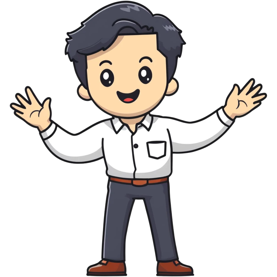 Management educator with black wavy hair, stubble, strong features, white skin, smart casual attire, gesturing while giving a business presentation, enthusiastic teaching expression emoji