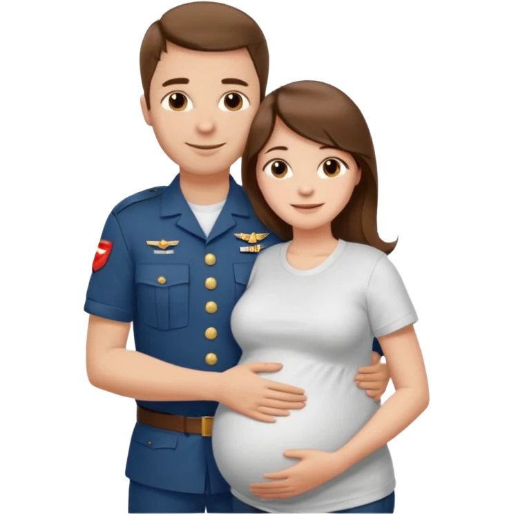 
"Pregnant woman with long brown hair and fair skin wearing a t shirt white. And man with short brown hair and fair skin (without a mustache), wearing a brown military uniform, hugging and smiling."
 emoji