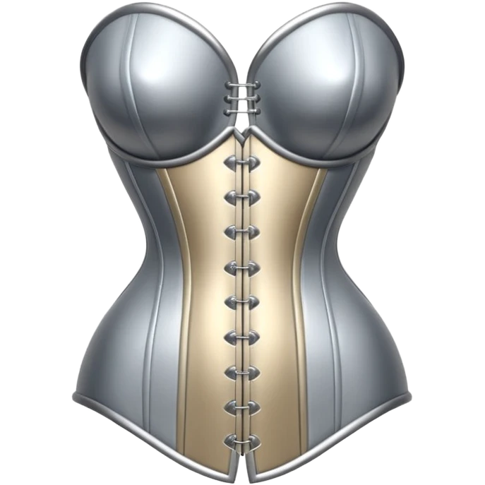 A luxury corset emoji made of silver chrome, smooth metallic curves, minimal fashion silhouette, glossy reflections, sensual high-end aesthetic, iOS emoji style, centered, clean white background emoji