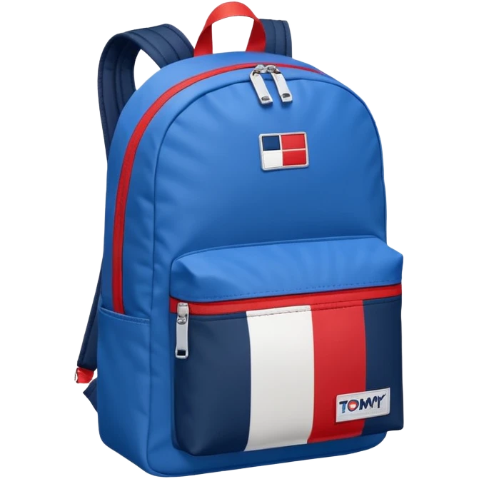 simple blue backpack, at the bottom pocket there is a  one tommyjeans logo featuring a Tommy Jeans-inspired logo. The logo looks like a vertically-flag in red, white. The flag stripes are vertical, not horizontal. Flat

 emoji