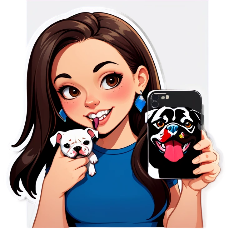 Slightly overweight beautiful girl with choppy long dark hair with her nose piercing and her black iPhone with her her pet pit bull girl with an underbite layed next to her emoji