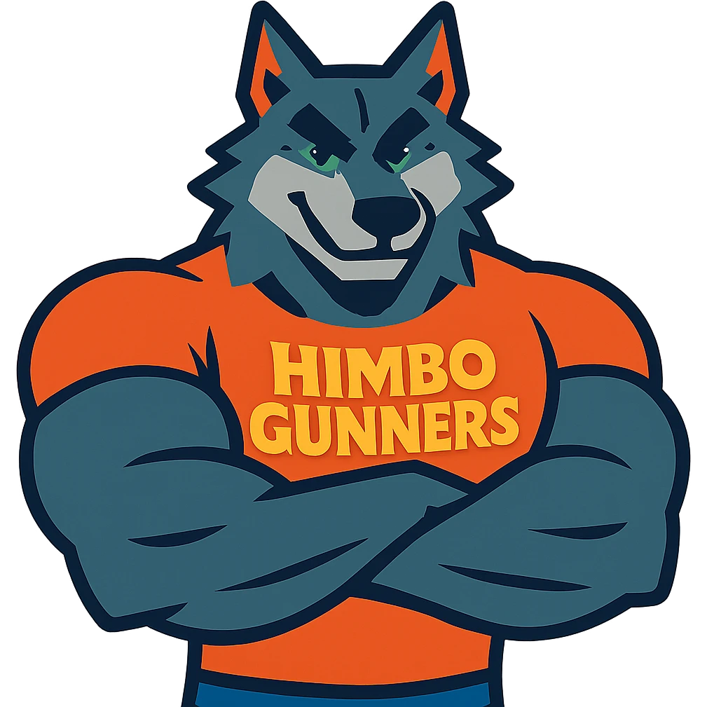 very muscular wolf furry with huge arms and chest, wearing a t-shirt with 'Himbo gunners', arms crossed emoji
