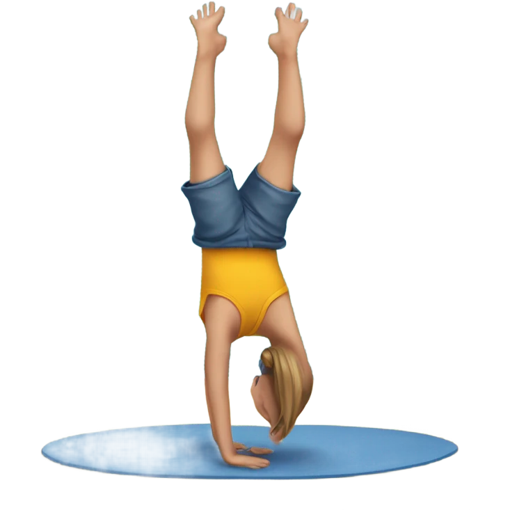 7 year old girl fair skin doing handstand against blue wall  emoji