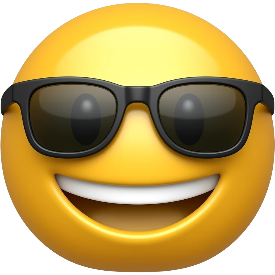 Жёлтый 3D смайлик, чёрные солнечные очки, широкая улыбка с белыми зубами, гладкий блестящий эмодзи, реалистичный Apple-like mobile emoji style, мягкое освещение, чистые формы, идеально симметричное лицо, иконка высокого качества, прозрачный фон emoji