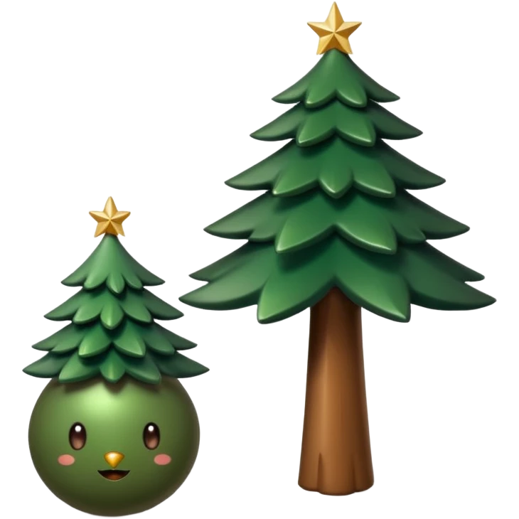 Un emoji représentant un petit sapin stylisé, sans bouche, avec deux grands yeux de biche brillants couleur cannelle. Style minimaliste, mignon et expressif, comme un sticker ou un emoji moderne. Fond parfaitement transparent, haute qualité, bien centré. emoji