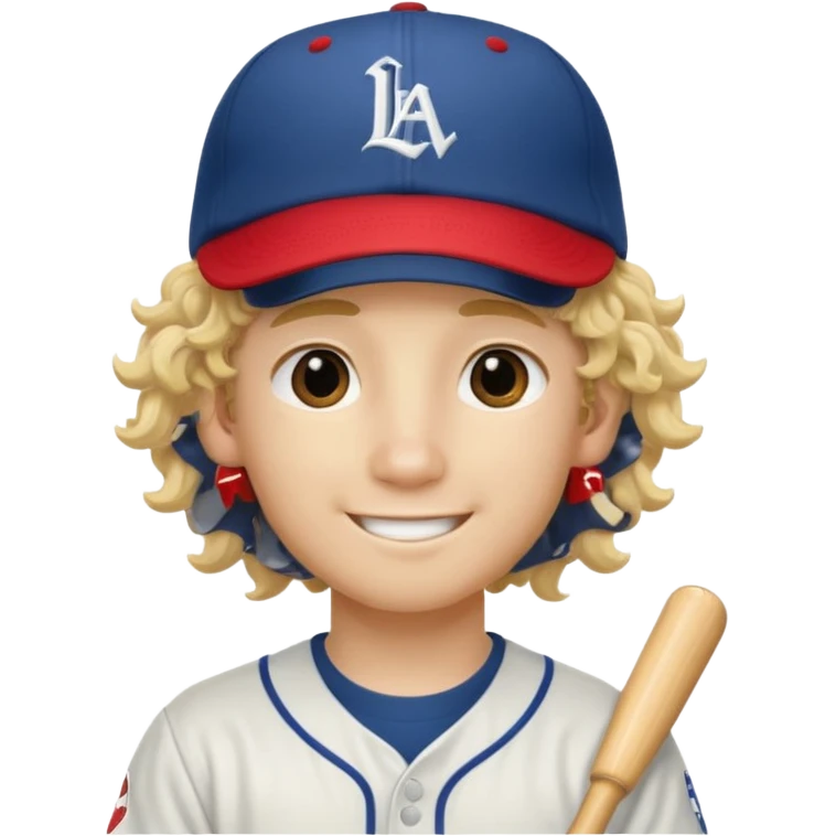 blonde boy with long curly hair past his hears and a LA baseball hat in japanese, smiling emoji
