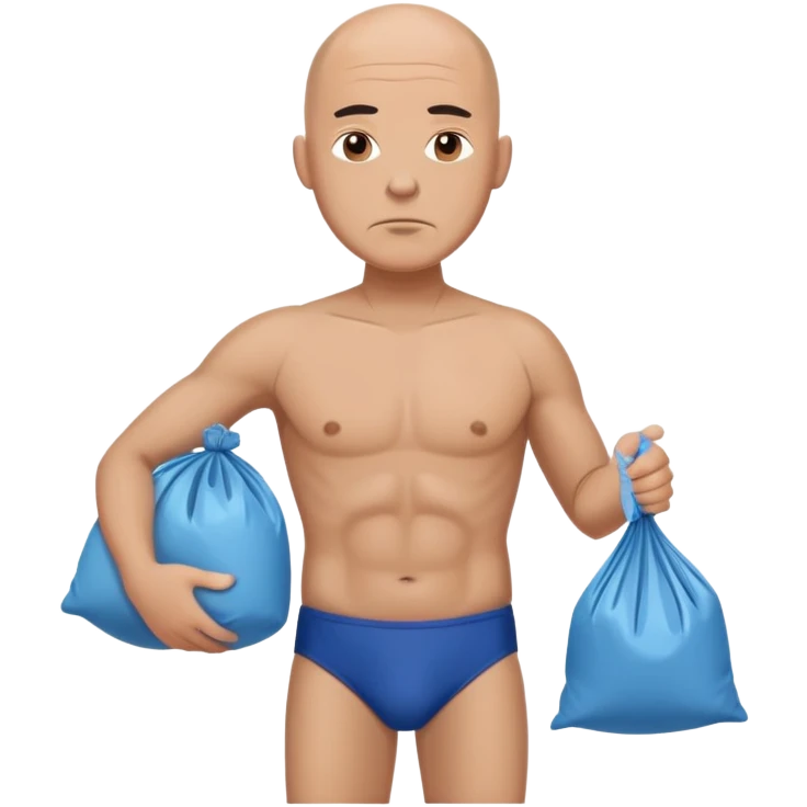 Bald frowning Man in speedo holding trash bags  emoji