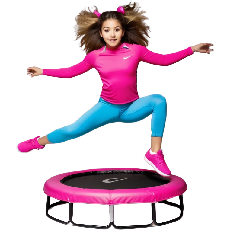 Mujer joven con cola alta y pelo marrón, saltando sobre un mini trampolín negro con bordes neón. Lleva top fucsia, calzas negras y zapatillas blancas. Brazos abiertos, rodillas flexionadas y expresión alegre, en pleno salto con líneas de movimiento.
 emoji