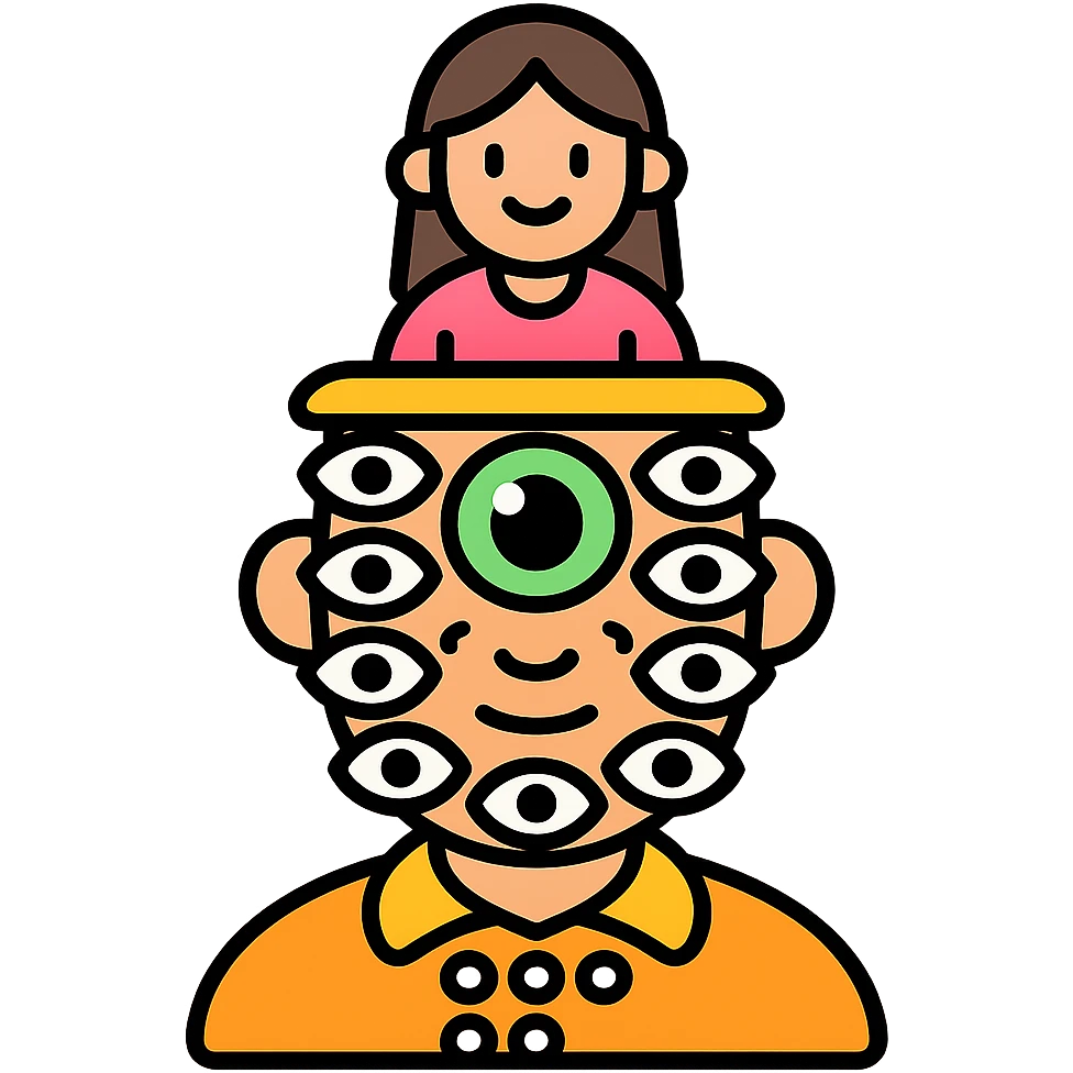 guy with 300 eyes, one big green eye in the middle of his head, hat made out of a girl on his head emoji