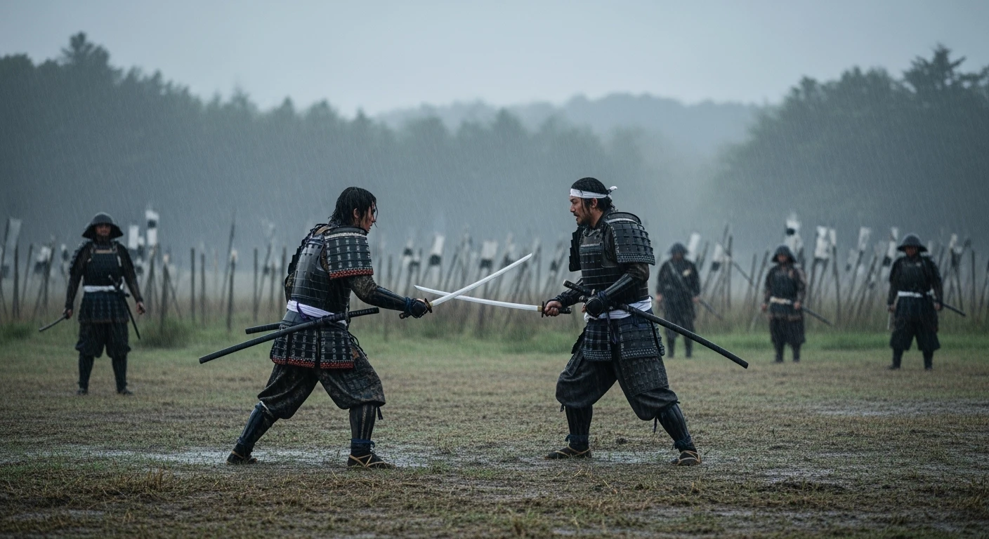 A cinematic scane from 1185, Wide shot of a two japan samurai face to face ready to fight during rain, deph composition, tense atmosphere, captured by by arri alexa, film directed by wes anderson emoji