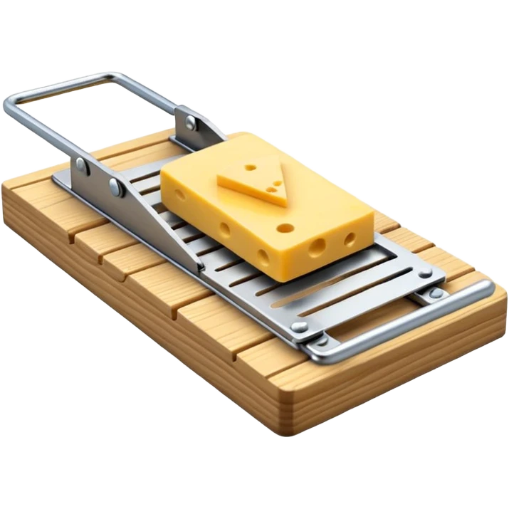 A 3D emoji in iOS emoji aesthetic style of a classic mousetrap with a wooden base and a metal spring mechanism, holding a small piece of yellow cheese, clean and detailed design, white background, glossy Apple-style rendering emoji