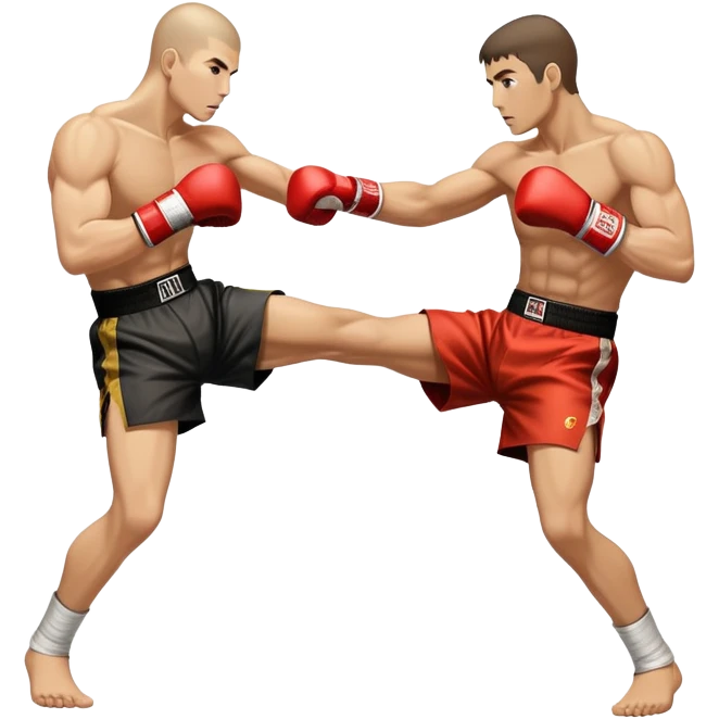 n icon showcasing a kickboxer in action, using precise techniques with both feet and elbows. One fighter delivers a powerful kick to the opponent's legs, while the other counters with an elbow strike. The background features a ring and a dynamic atmosphere. Transparent background  emoji
