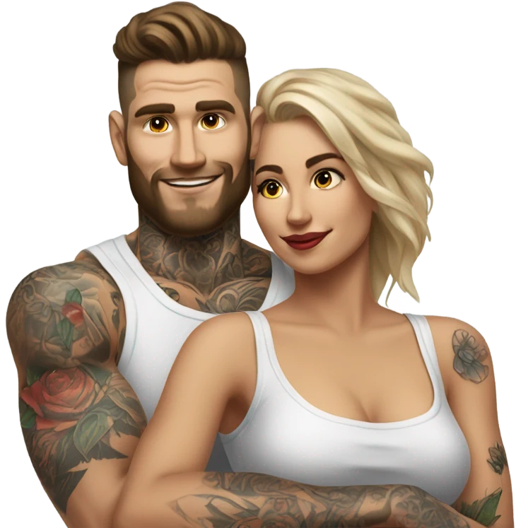 Hyper Realistic beautiful woman in the arms of a very handsome tattooed man  emoji
