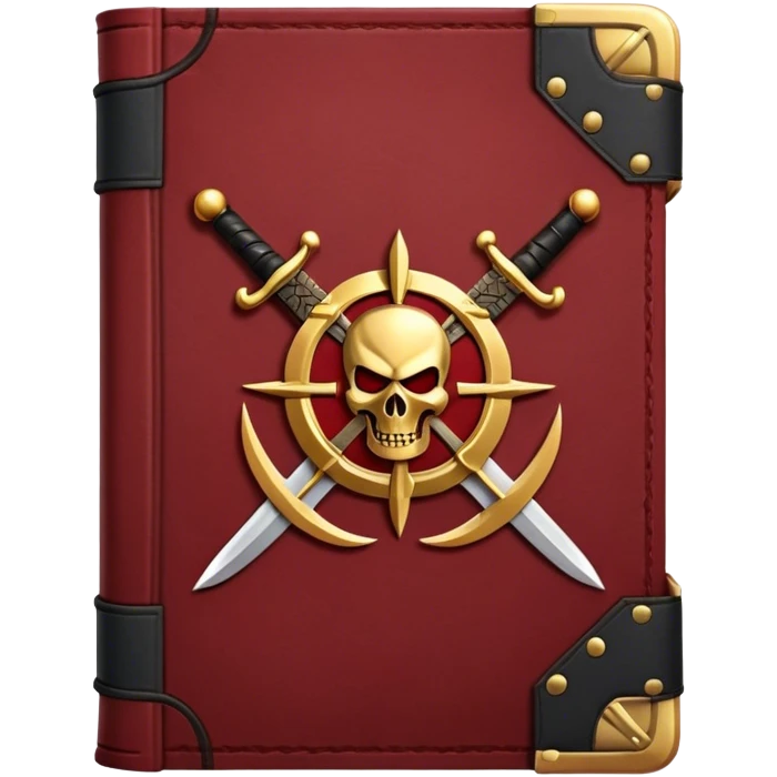 A dark crimson red book with black and gold details, a rugged leather texture, and an emblem of crossed swords, a knight chess piece, or a battle flag, radiating strategy, discipline, and the art of power emoji