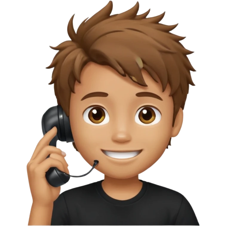 generate a pretty tan bratz boy with brown messy hair smiling while talking on call. Wearing a black tshirt emoji