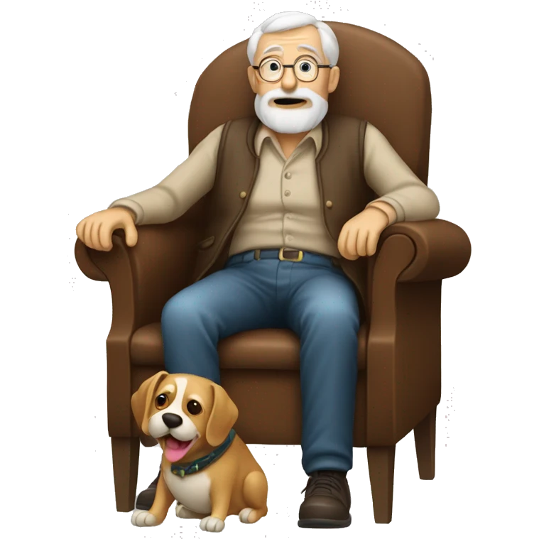 Old man sitting in chair with a dog on lap emoji