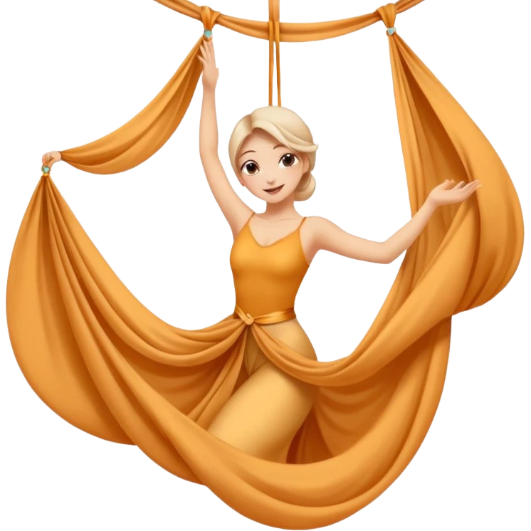 Emoji estilo ilustración de una mujer practicando danza aérea en tela, colgada en telas de seda, expresión feliz, estilo emoji moderno, colores suaves, fondo simple emoji