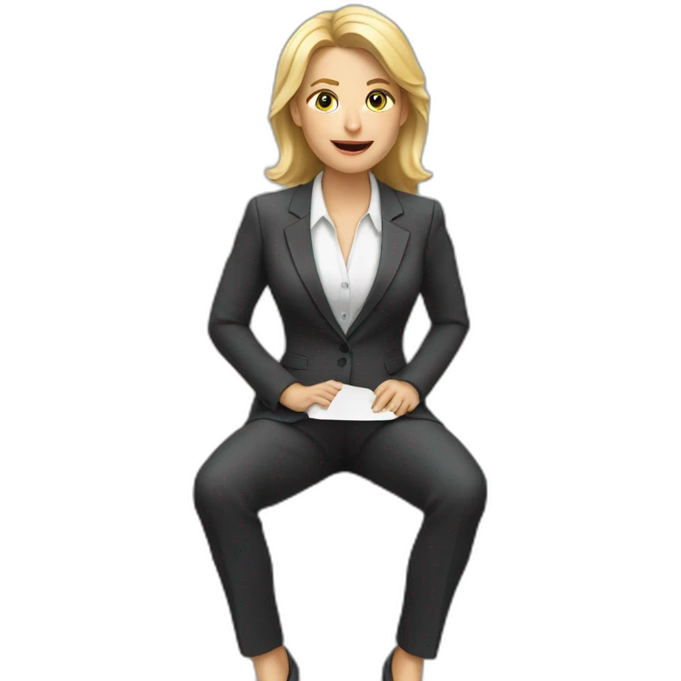 Blonde white woman wearing a suit sitting on the table telling the news towards the camera emoji