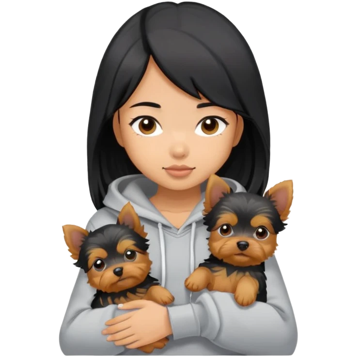 a black-haired asian girl in a gey hoodie with a yorkie puppy emoji