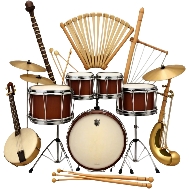 Create a professional, emblem-like emoji representing percussion instruments, including both traditional and folk drums. Feature a snare drum, bass drum, timpani, cymbals, marimba, tambourine, djembe, bongos, cajón, triangle, castanets, and ratchets in a balanced, heraldic composition. Crossed drumsticks at the center symbolize rhythm, while a ribbon of musical notes weaves around the instruments. Use rich gold, mahogany, and silver tones with polished highlights. Add laurel wreaths and subtle engravings for a grand, festive feel. The design should be harmonious, visually complete, and on a transparent background. emoji
