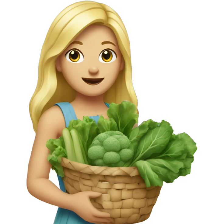 Girl with blonde hair and blue eyes wearing a sleeveless sundress and carrying two baskets of vegetables and greens emoji