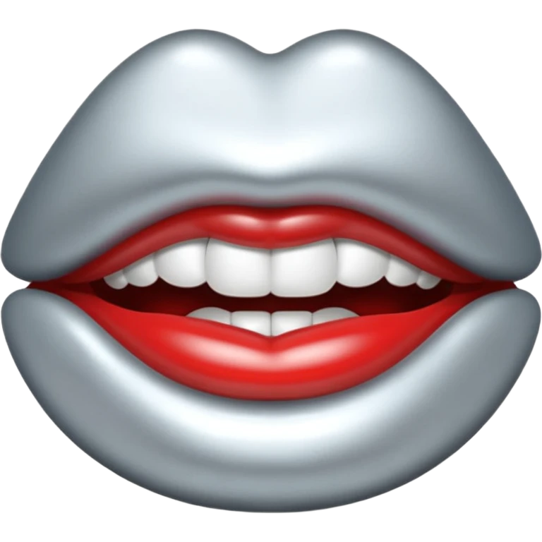Chrome silver lips emoji, glossy metallic texture, iOS emoji style, smooth reflections, bold but minimal design, centered, silver mouth. all silver emoji