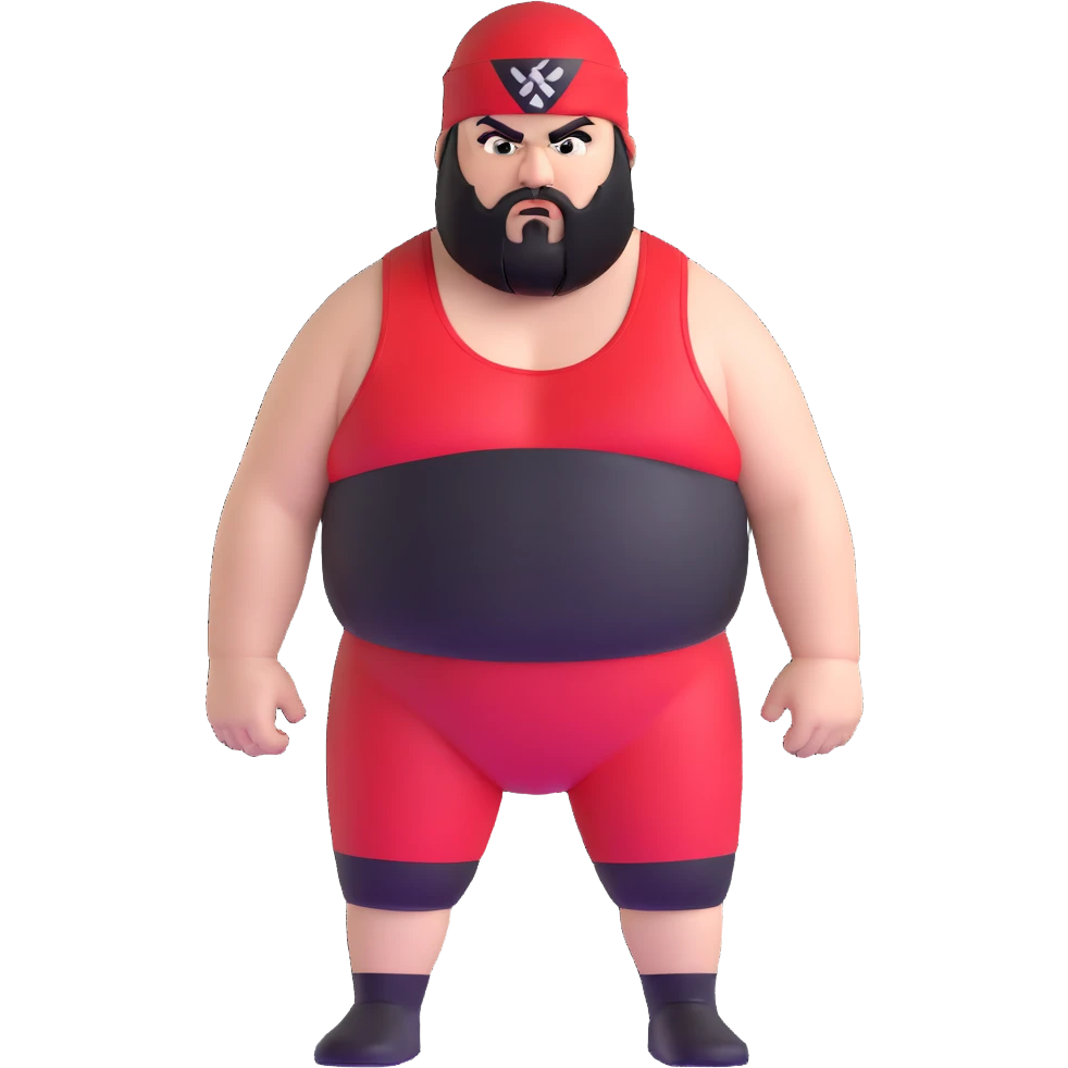 White skin fat guy with prominent black durag, black beard, black eyes in a red and black wrestling singlet with angry face emoji