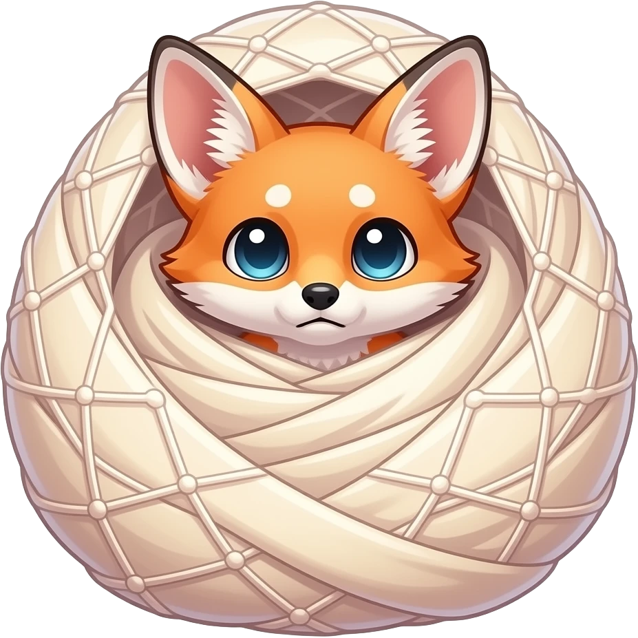 #FFFEED slikworm cocooned pod #DAA06D fennec fox worried covered with #FFFEED huge  coating of #FFFEED slik and huge #FFFEED slik wrappings and #FFFEED webbings #FFFEED in comic style emoji