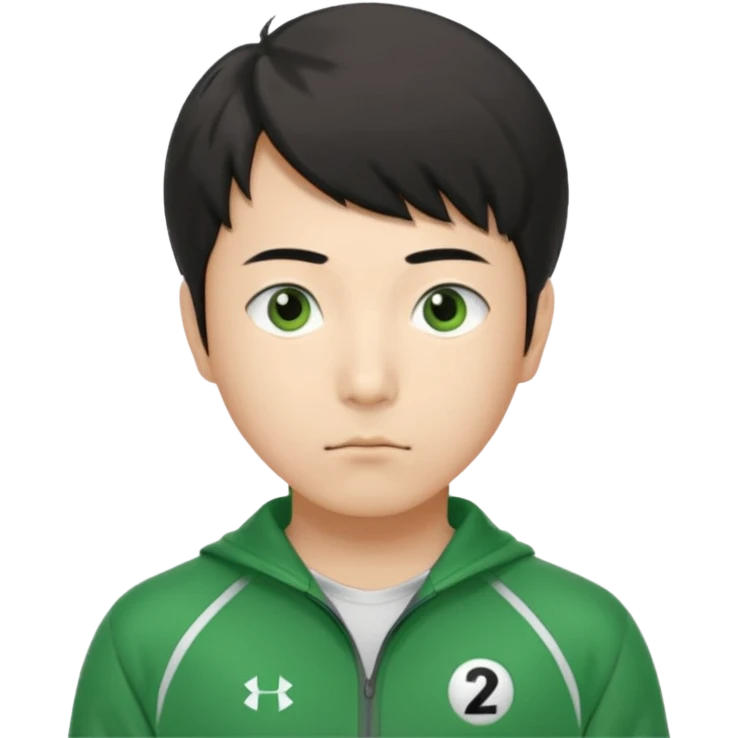 Illustrate Cho Sang-woo (Player 218) in green tracksuit with sharp, calculating gaze. emoji