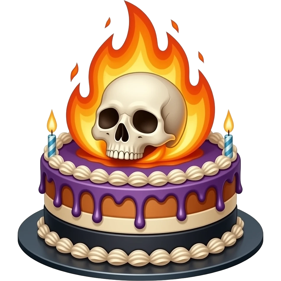 Gothic birthday cake with a whole sckull on top  on fire emoji