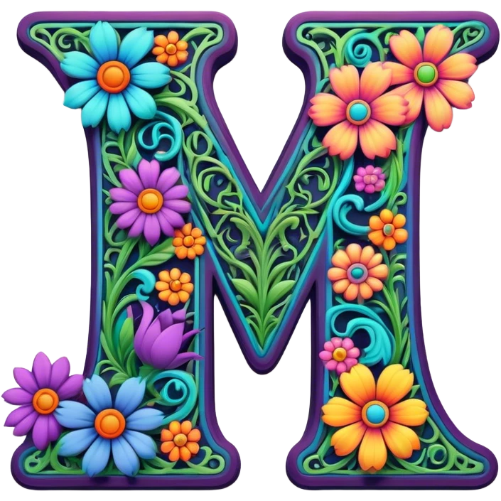 3D, gothic style psychedelic colored Letter W with hippie style flower border emoji