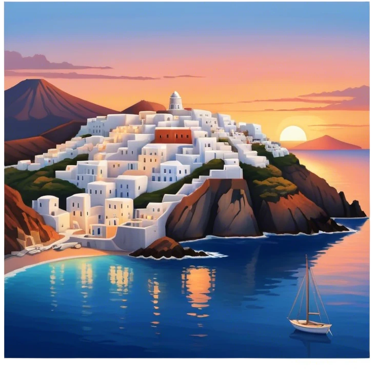Cinematic Realistic Santorini Caldera Landmark Emoji, featuring white-washed buildings perched on volcanic cliffs, overlooking the deep blue Aegean Sea, with warm sunset hues illuminating the sky and reflecting off the water. emoji
