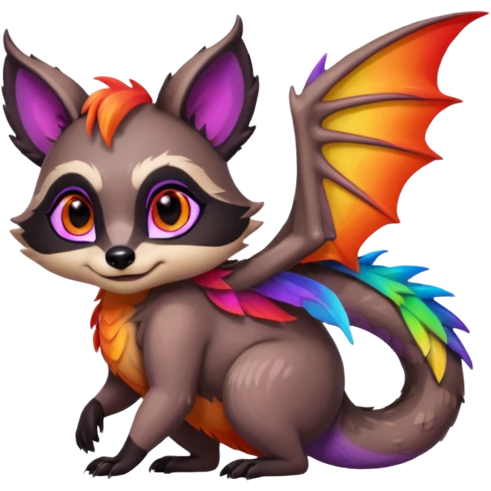 black female raccoon dragon hybrid with rainbow colored wings and purple eyes hugging red female raccoon dragon hybrid with rainbow colored wings and orange eyes emoji