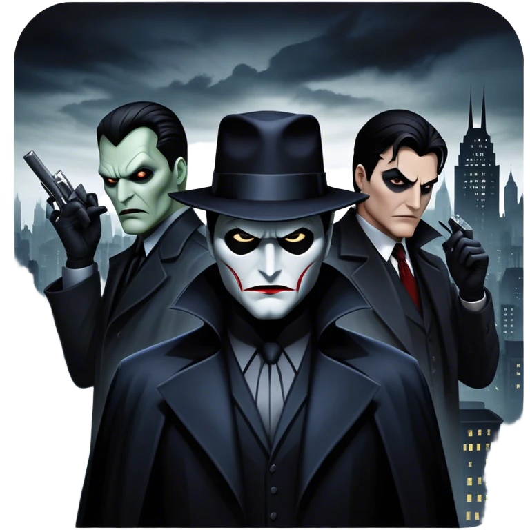 Icon for Thriller Movies: A large, dramatic collage featuring sinister villains in dark clothing. The background shows the gloomy cityscape of Gotham, with dim lighting and eerie shadows. The atmosphere should be tense, mysterious, and suspenseful. Transparent background. emoji