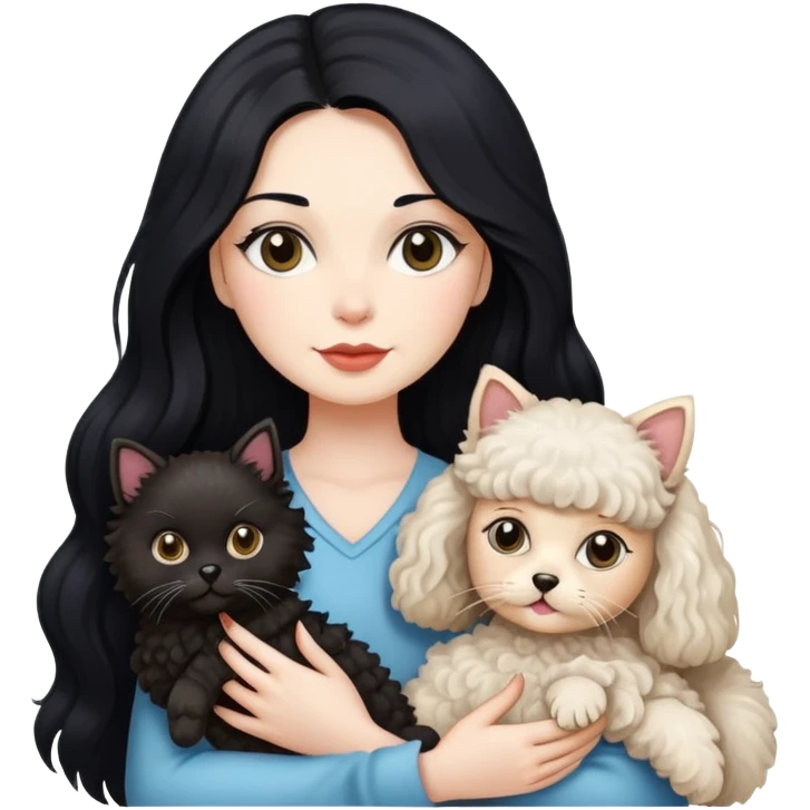 Lady with long black hair, with a Ragdoll cat and a small poodle  emoji