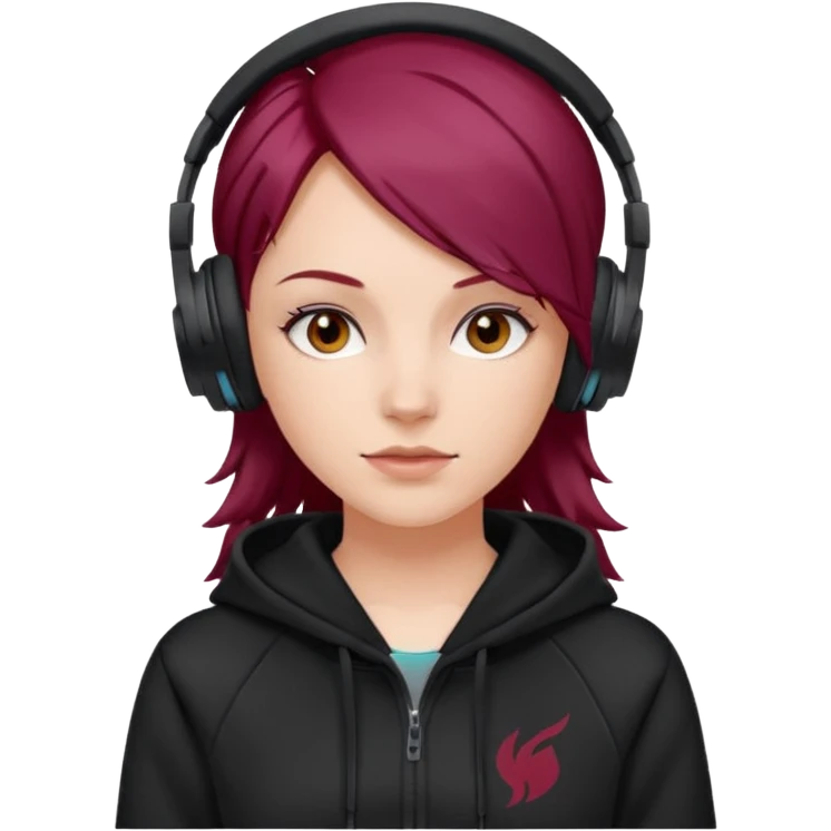 white girl with burgundy hair, black deportive hoodie and black headphones emoji