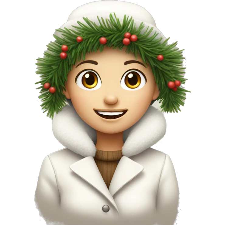 A smiling girl in winter in a white fur coat and a hat without fur with a paper bag in which the branches were spruce emoji